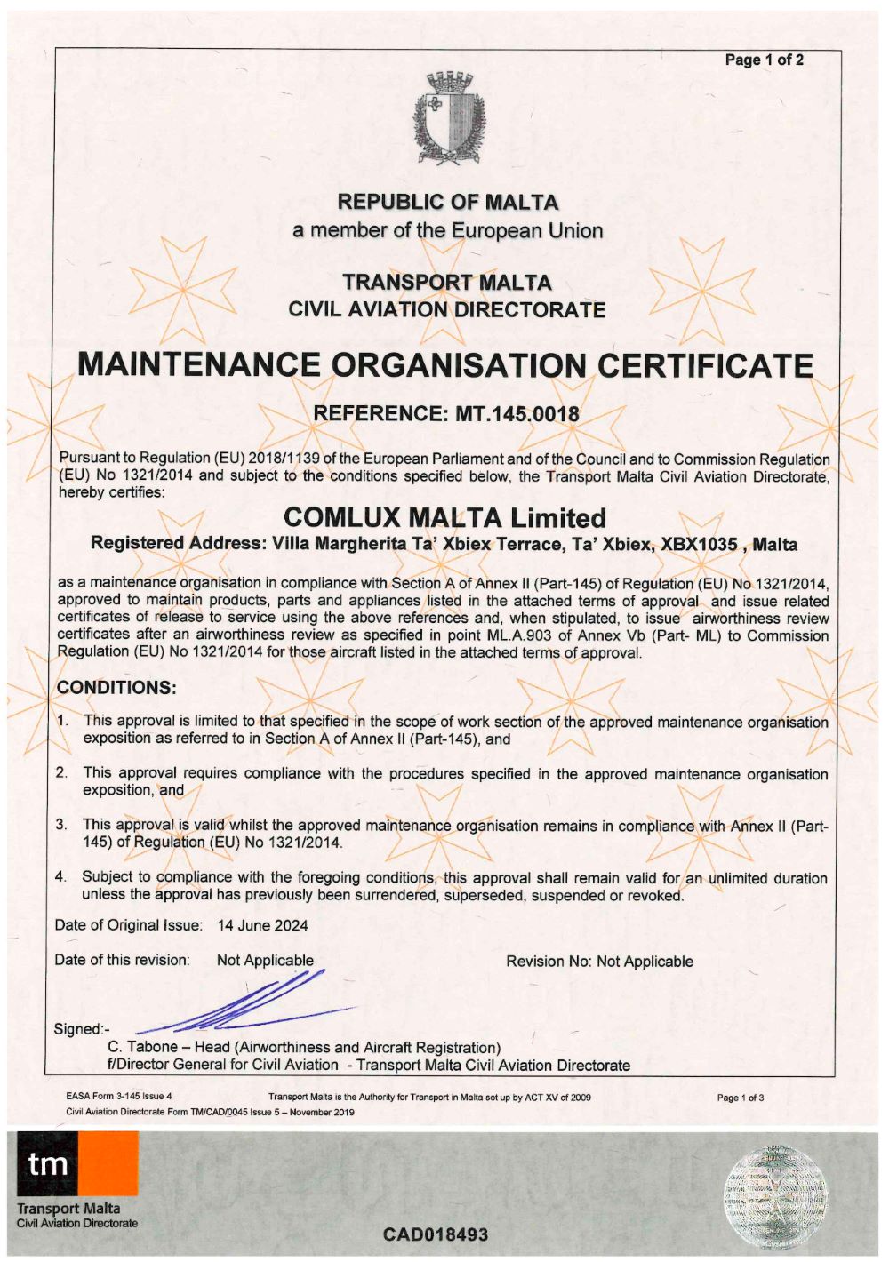 Comlux Malta получила сертификацию EASA Part-145