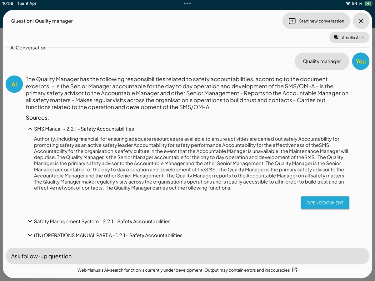 Amelia от Web Manuals стала первым внедрением искусственного интеллекта в руководства по летной эксплуатации